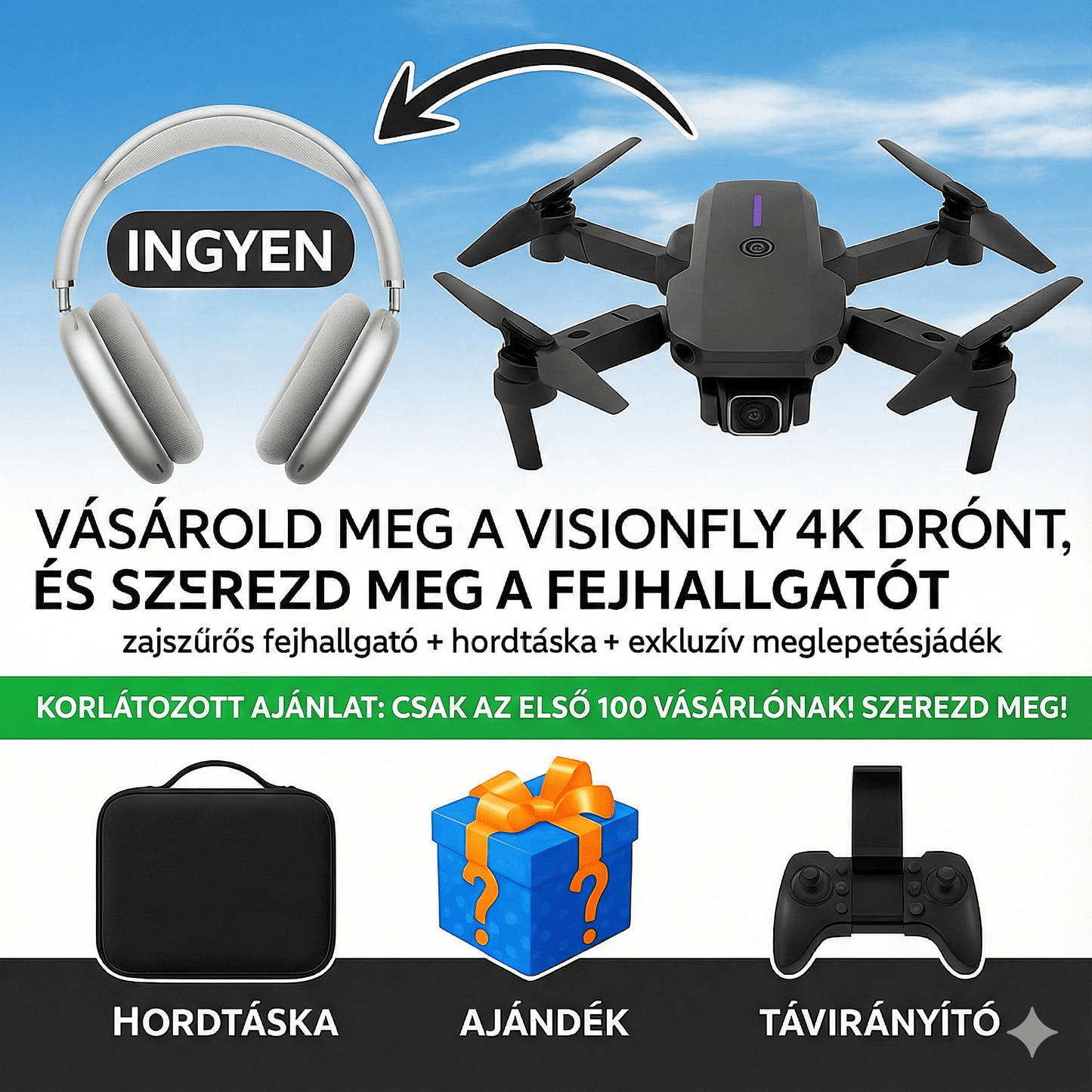VisionFly 4K drón + PRO Max fejhallgató INGYEN