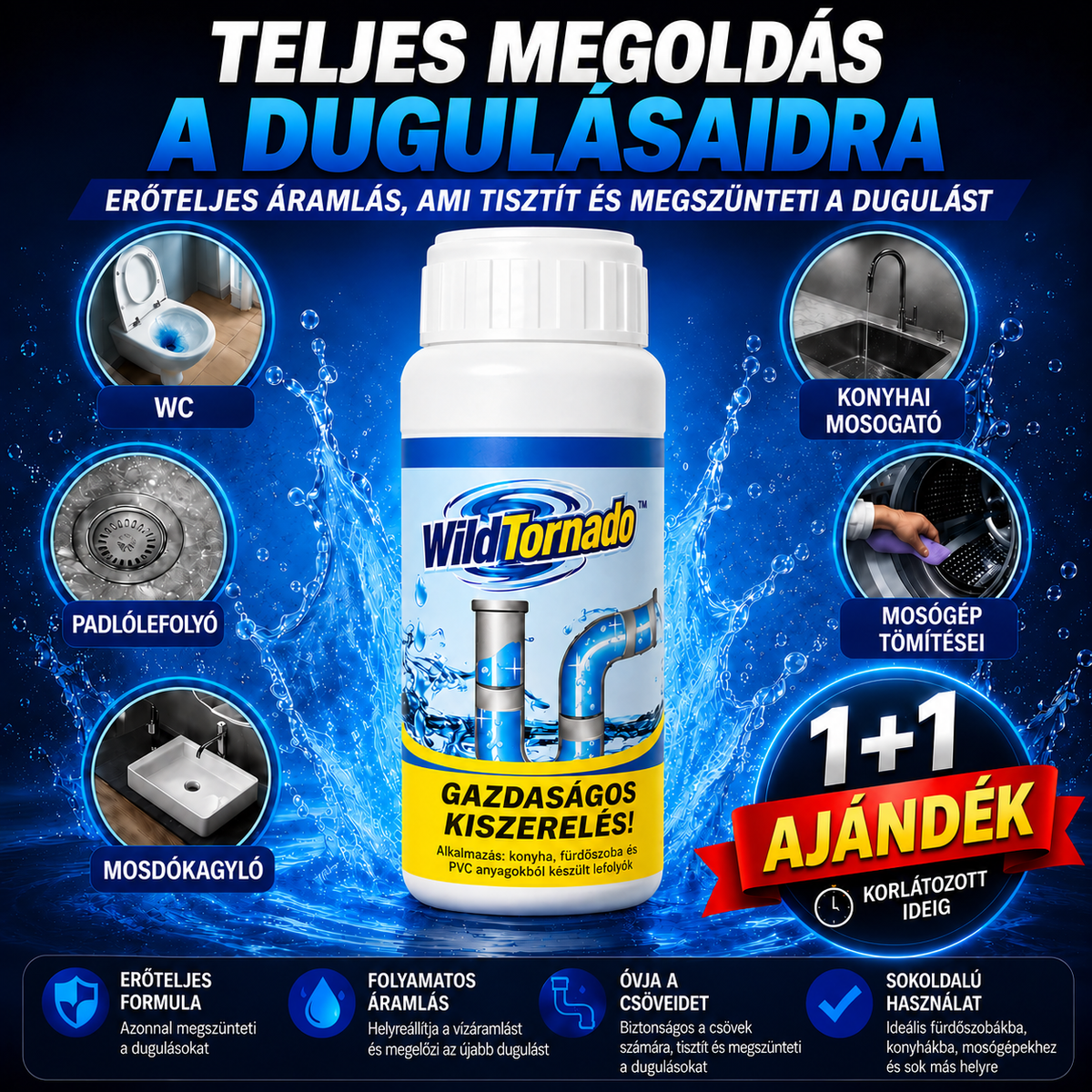 WildTornado – Lefolyótisztító por 🧽 | Duguláselhárítás és tisztítás 2 az 1-ben – Csak ma!