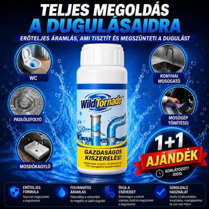 WildTornado – Lefolyótisztító por 🧽 | Duguláselhárítás és tisztítás 2 az 1-ben – Csak ma!